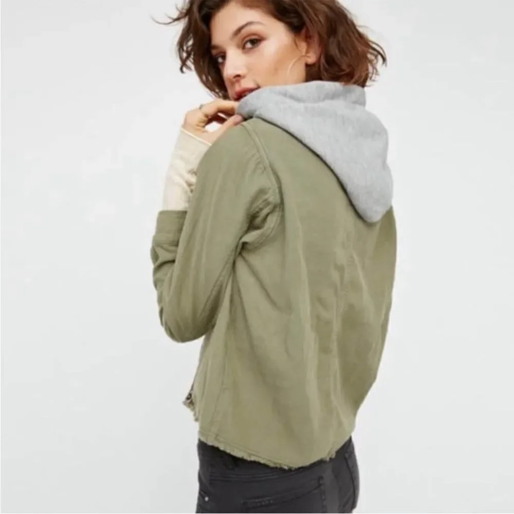 Free People Distressed Green Embroidered Detailing Boho Gray Hoodie Crop Jacket - Picture 2 of 12